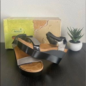 Naot Miracle Platform Sandal Leather Black Silver Women's Size 39